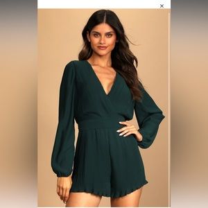 Lulus Date Night Vibes Dark Green Pleated Long Sleeve Romper